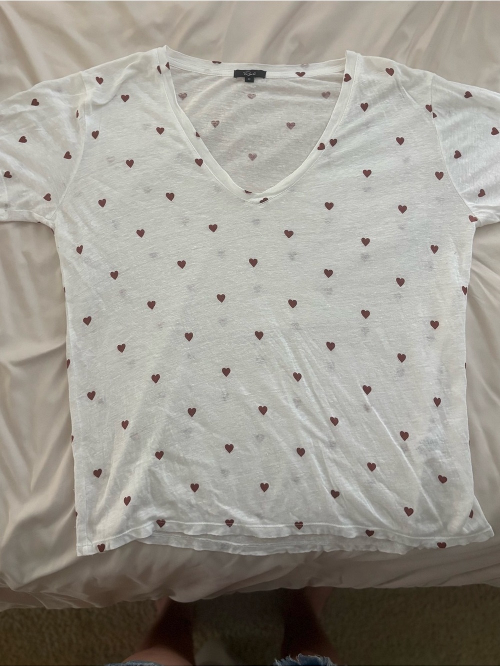 Rails White V-Neck Tee with Small Maroon Heart Print